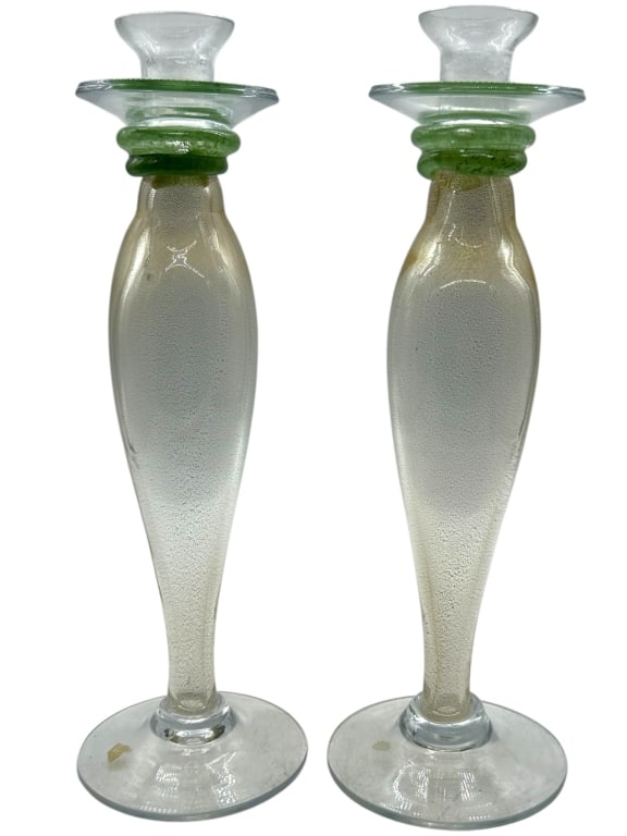 PAIR OF ART GLASS CANDLESTICKS GREEN ACCENTS 15" (1 of 12)