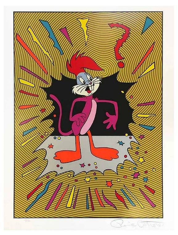 RONNIE CUTRONE "IDENTITY CRISIS" COLOR SERIGRAPH: Ronnie Cutrone (American, 1948 - 2013) "Identity Crisis" color serigraph on paper features vibrant hues and playful design elements surrounding Bugs Bunny. This work showcases Cutrone's signature