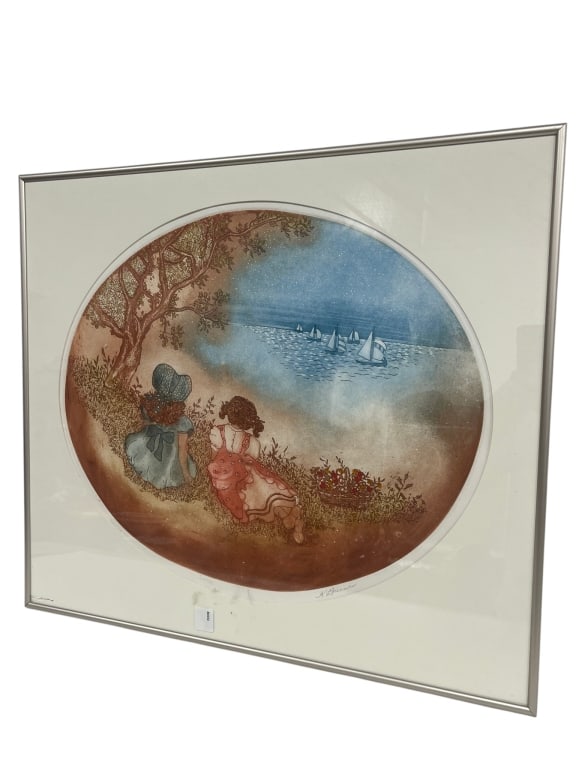 FRAMED SIGNED CHILDREN BY THE SEA PRINT 26": Framed limited edition print depicting two young girls seated beneath a tree overlooking a blue coastal seascape with sailboats on the water. The artwork features a circular vignette composition with 