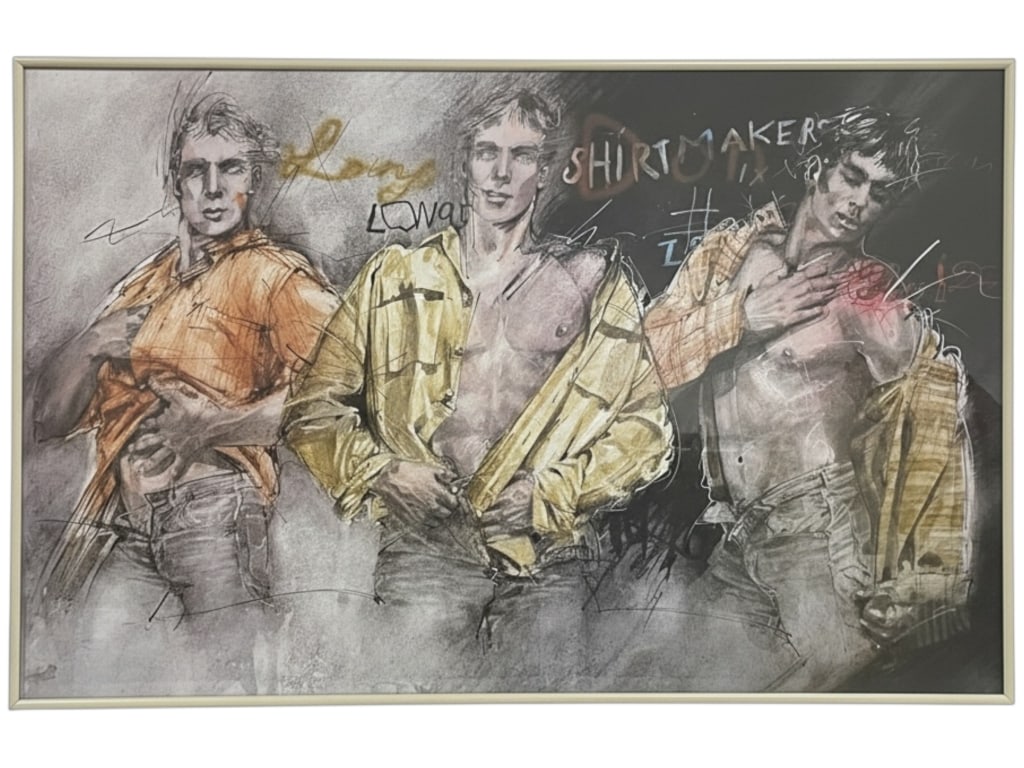 MILOU HERMUS SHIRTMAKER FRAMED ART PRINT 33.5": MILOU HERMUS SHIRTMAKER FRAMED ART PRINT-Large framed contemporary art print by Dutch illustrator Milou Hermus depicting a group of expressive urban figures rendered in a loose painterly style with sk