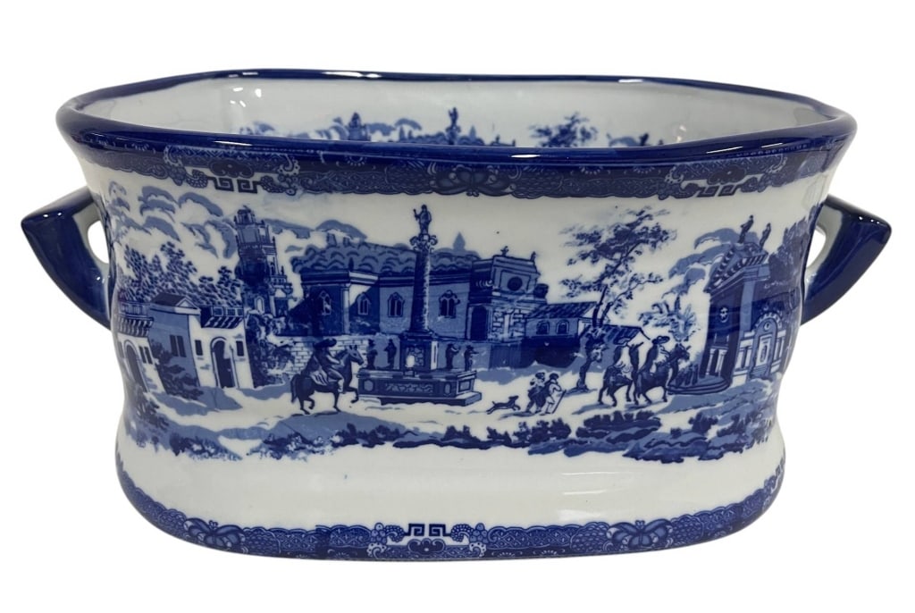 LARGE BLUE AND WHITE TRANSFERWARE CACHEPOT 18" (1 of 7)