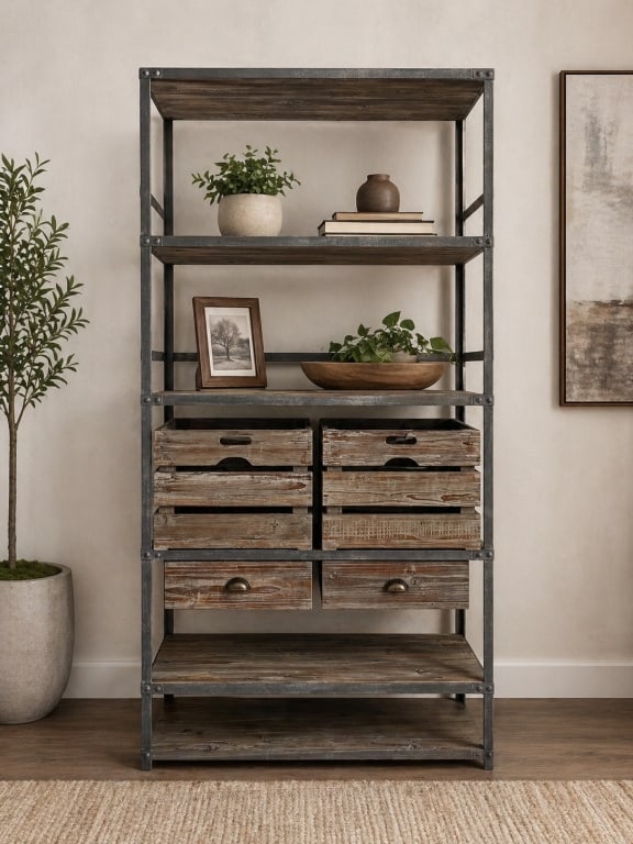RUSTIC INDUSTRIAL METAL AND WOOD SHELVING UNIT 84": Rustic industrial-style etagere shelving unit featuring a dark metal frame with exposed bolt-style corner details, weathered wood shelves, crate-style storage compartments, and two lower drawers with 