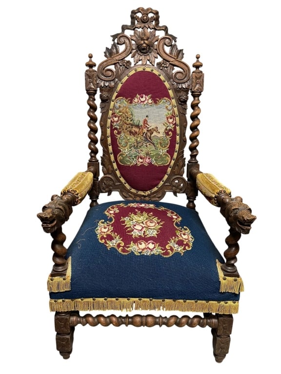 CARVED OAK LION HEAD NEEDLEPOINT THRONE CHAIR 54" (1 of 9)