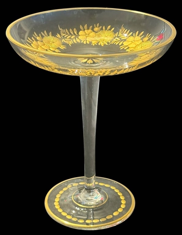 ANTIQUE MOSER-STYLE GILT FLORAL GLASS TAZZA 7.5" H (1 of 9)