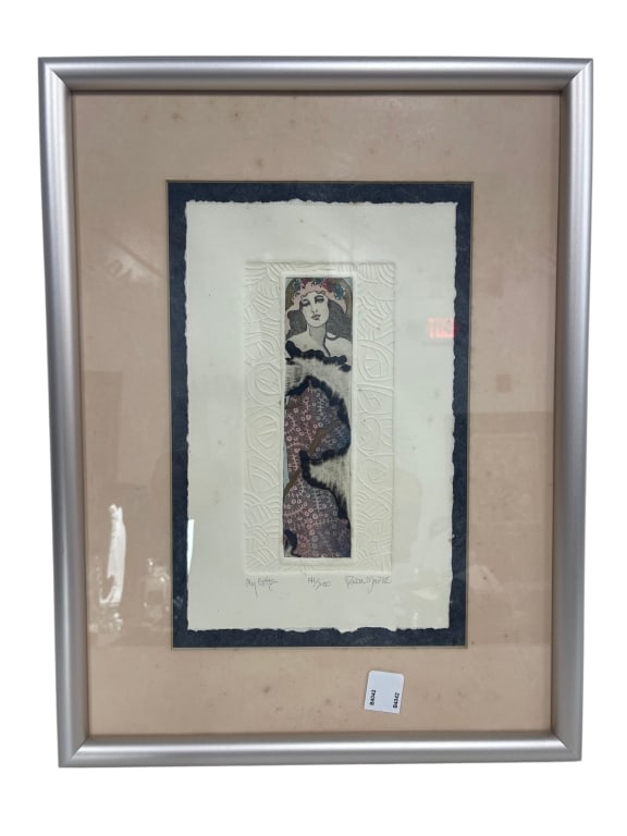 SIGNED LIMITED EDITION MIXED MEDIA 19": Framed signed limited edition figural mixed media art print titled ?My Gift,? numbered 44/200 and pencil signed lower right. The artwork features a stylized female figure with decorative floral headpi