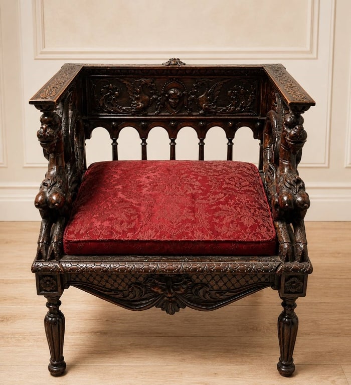 GOTHIC REVIVAL CARVED OAK THRONE ARMCHAIR 28" (1 of 7)