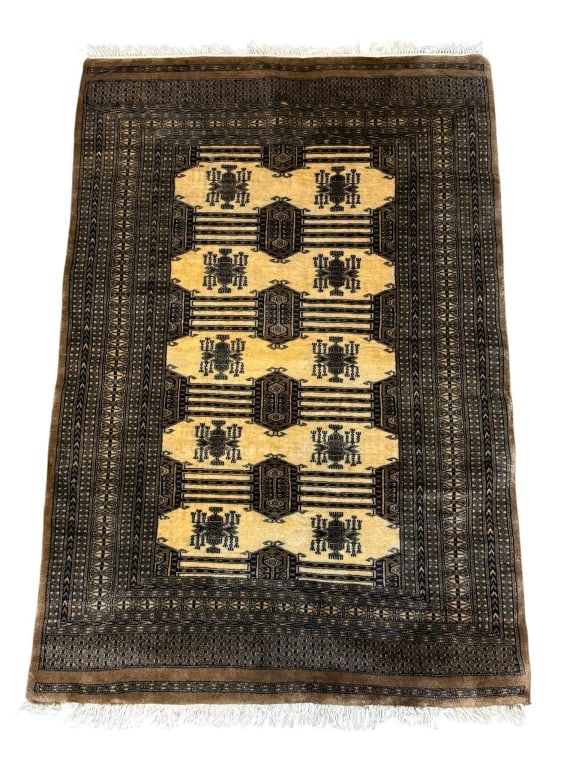 HAND-KNOTTED ORIENTAL WOOL RUG 78": Hand-knotted Oriental rug made of wool. It has a central geometric medallion pattern with detailed borders and fringe on each end. | | Approximate dimensions: 78" L x 50" W