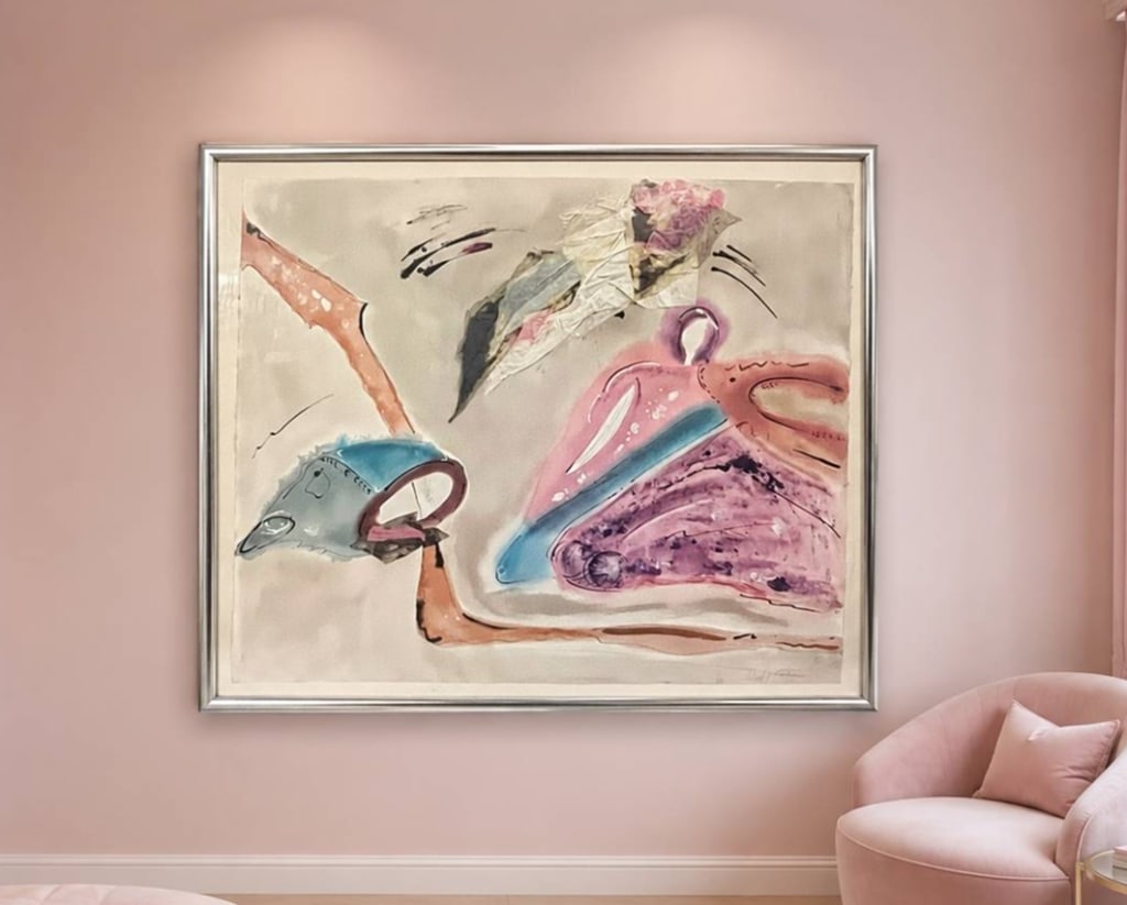 D. GOLDSTEIN ABSTRACT MIXED MEDIA WATERCOLOR 50": David Goldstein pink abstract watercolor painting featuring a soft contemporary composition with expressive pastel pink, lavender, blue, coral, and black linear accents. The work has a whimsical,