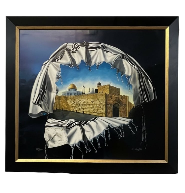 EVA RAOFFE SIGNED JERUSALEM LITHOGRAPH 30": Hand-signed and numbered limited edition lithograph titled Jerusalem Wrapped in a Talis by Israeli Judaica artist Eva Roffe. This striking composition depicts the ancient walls of Jerusalem and the