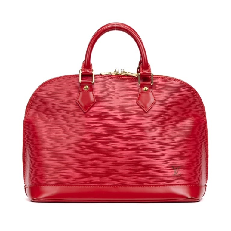 LOUIS VUITTON ALMA PM RED EPI BAG: The Louis Vuitton Alma PM is an iconic handbag crafted in vibrant red Epi leather, showcasing the maison's signature textured finish and timeless elegance. Inspired by Art Deco design, the Alma remain