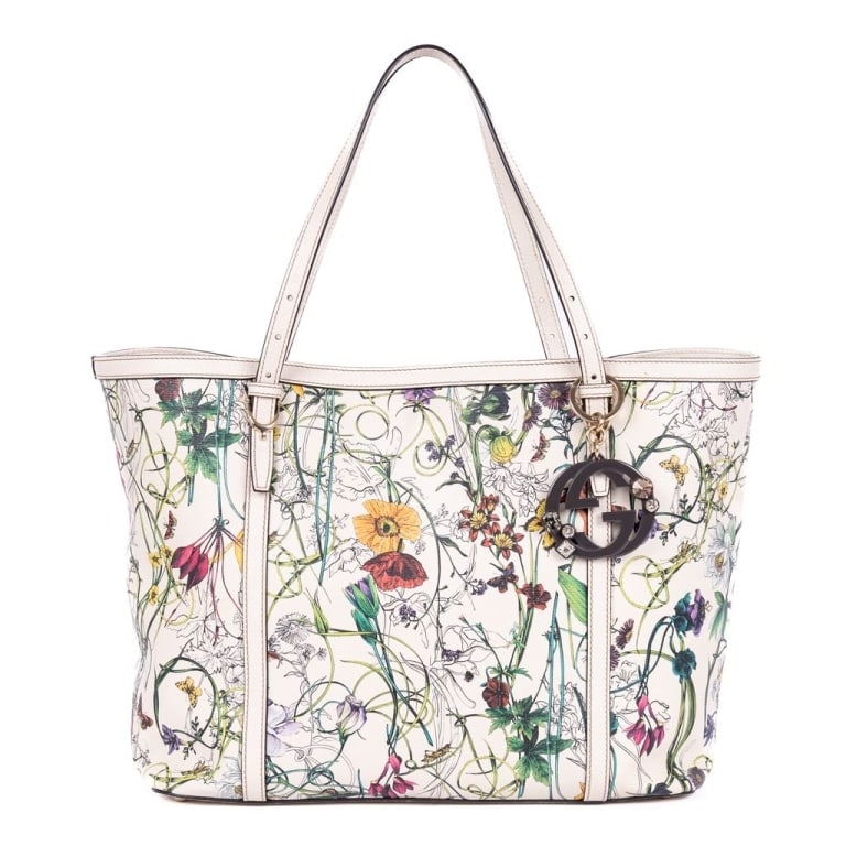 GUCCI FLORAL NICE TOTE MEDIUM IVORY FLORAL PRINT: Gucci Floral Nice Tote Medium Ivory Floral Print Leather Gold * COLOR: Ivory * PRODUCTION CODE: 309613-002123 * INCLUDED: Booklet, Charm 34.5*28*14.5cm * CONDITION: A * (3cm = 1inch approximately) *