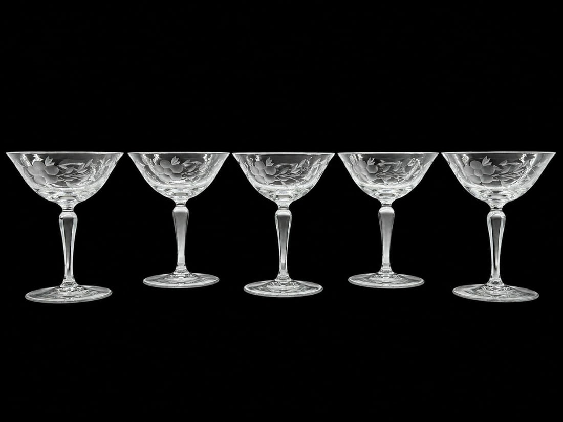 5 LOT OF ETCHED FLORAL GLASS COUPE STEMS 7" (1 of 8)