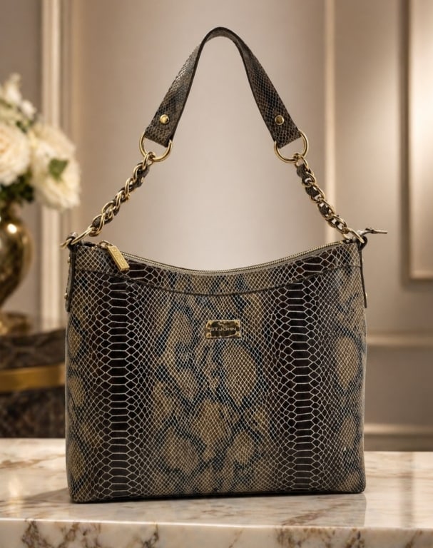 MARIE GRAY ST.JOHN COLLECTION SNAKESKIN BAG 12": Stylish St. John Marie Gray collection shoulder handbag featuring a striking snakeskin-embossed genuine leather exterior in shades of brown, taupe, black, and gray, accented with gold-tone hardware an