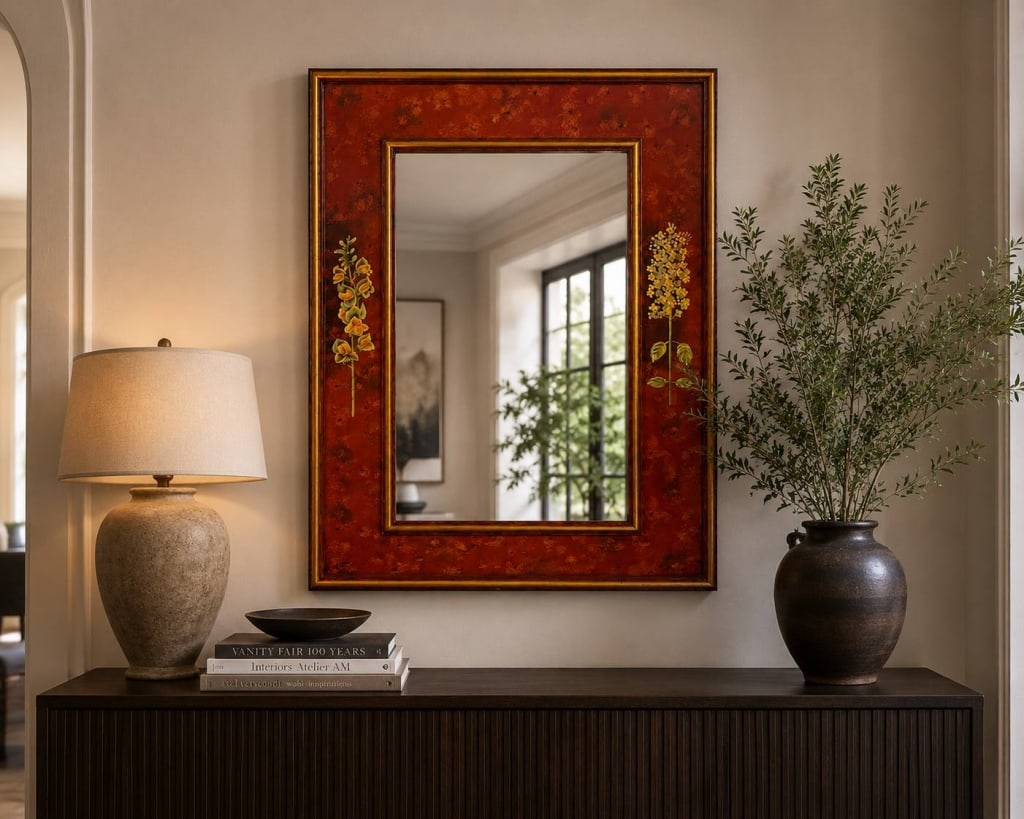 20TH C. HAND-PAINTED FLORAL FRAMED WALL MIRROR 40" (1 of 5)
