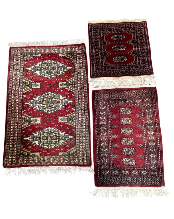 PAKISTAN RED HAND-KNOTTED WOOL PRAYER RUGS 3PC LOT (1 of 7)