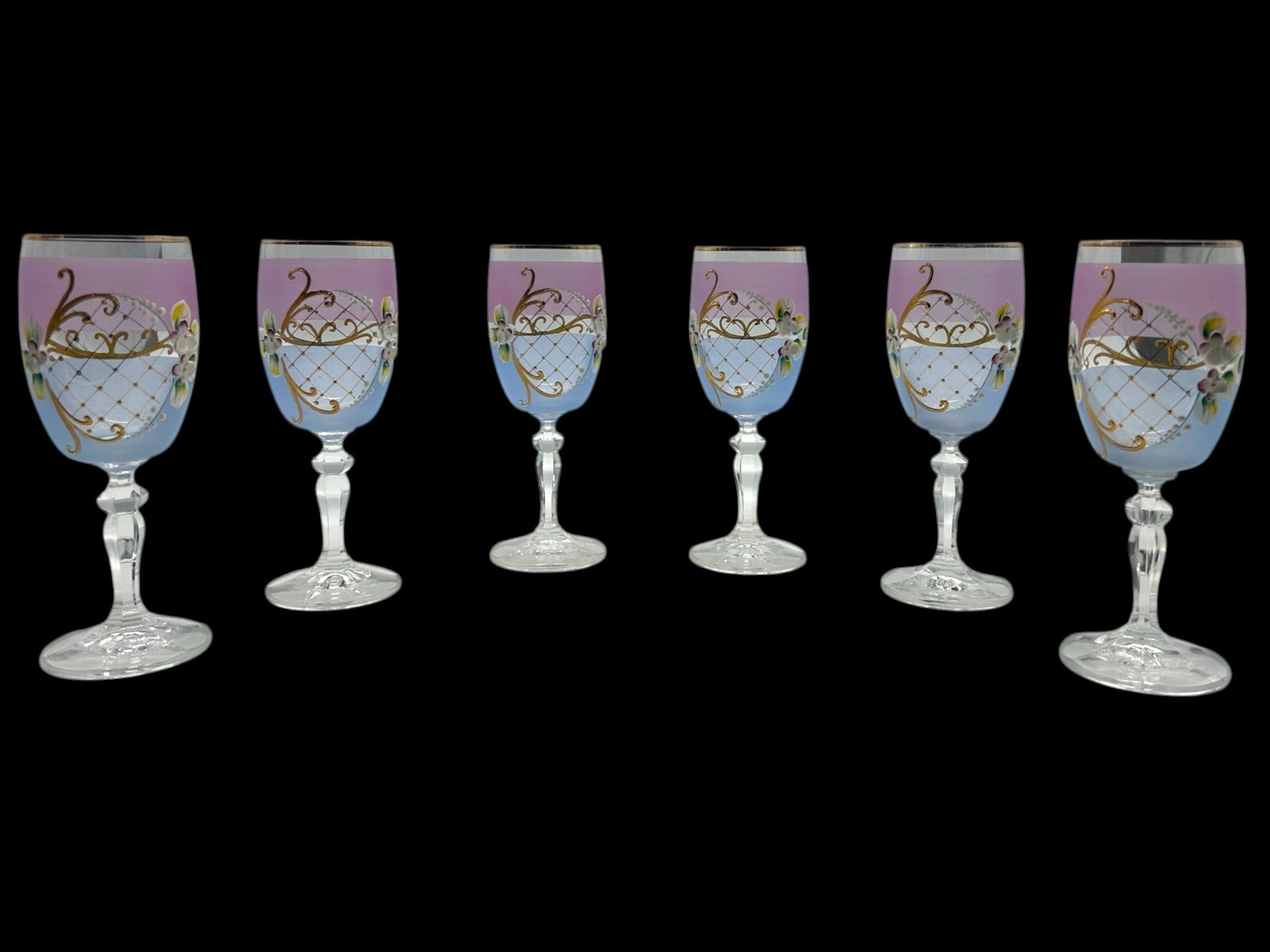 6 LOT HAND PAINTED VENETIAN STYLE ART GLASSES 7" (1 of 7)