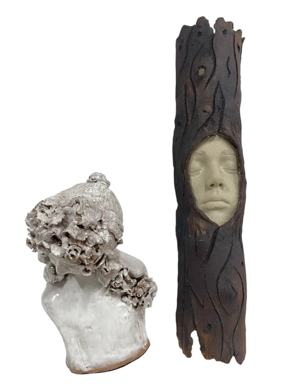 TWO CERAMIC SCULPTURES WITH FACES 23" (1 of 7)