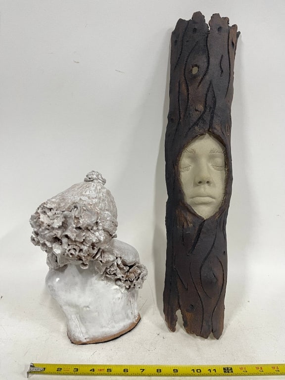 TWO CERAMIC SCULPTURES WITH FACES 23" - 6