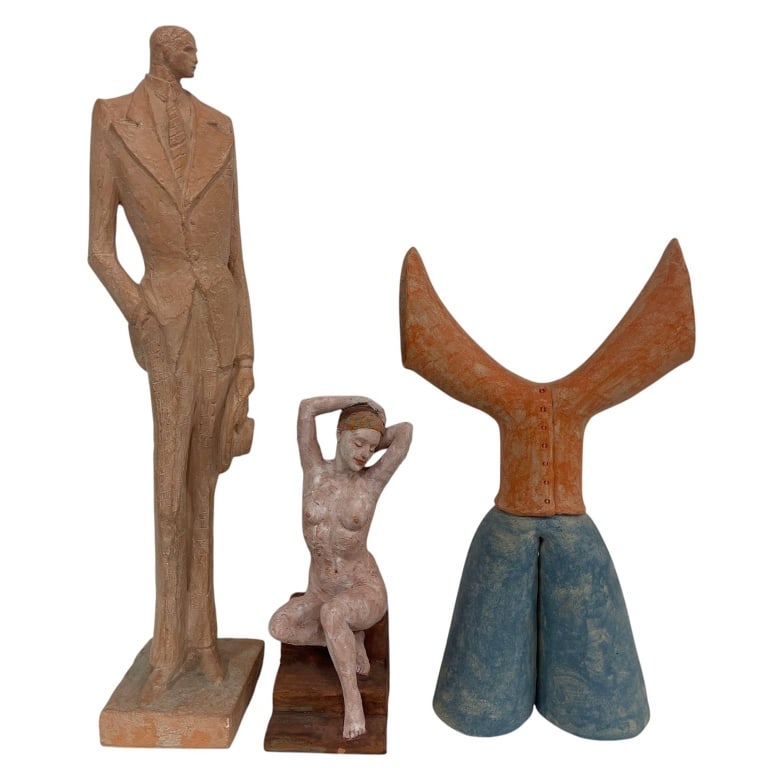 THREE PIECE LOT MIXED MEDIA SCULPTURES 25": Three mixed media sculptures of a seated nude figure, an artist signed abstract and a 1974 "Gatsby Guy" plaster sculpture created by artist Klara Sever (Czech American, born 1935) for Austin Productio