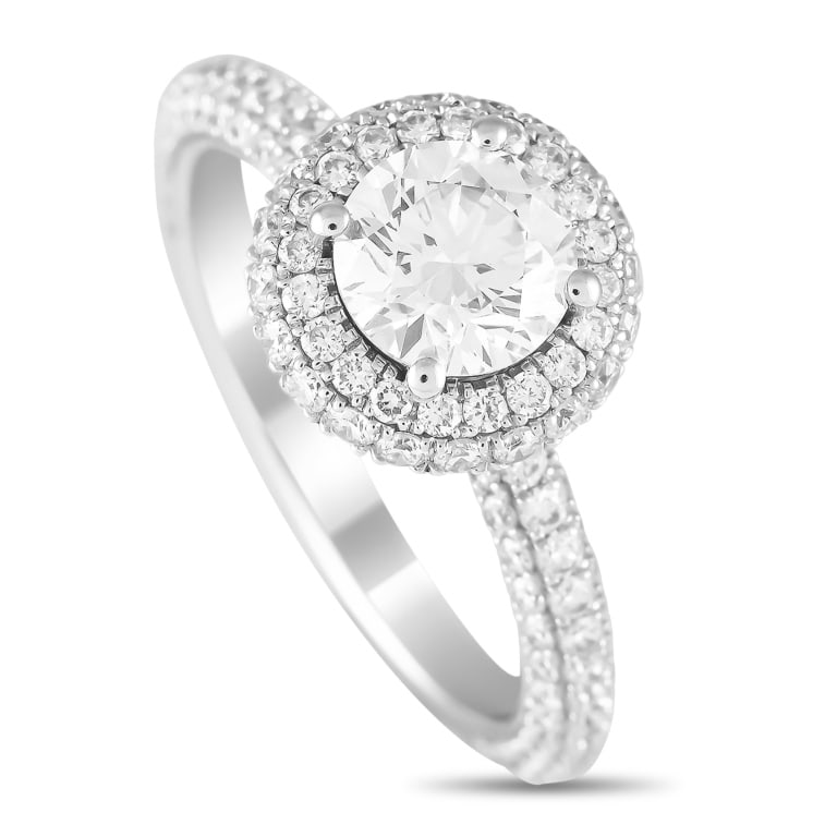 14K WHITE GOLD 2.13CT LAB GROWN DIAMOND RING MF07-: Covered in sparkling gemstones, this 14K White Gold ring will forever make a statement. A 1.02 carat round brilliant Lab Grown Diamond center stone adds visual impact to the classic design, while addi