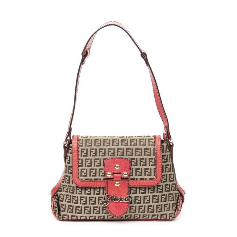 FENDI BICOLOR ZUCCHINO FLAP SHOULDER BAG: The Fendi Bicolor Flap Shoulder Bag is crafted in signature khaki, brown, and pink Zucchino canvas, showcasing one of the house's most recognizable monogram patterns. Featuring a classic flap-front si