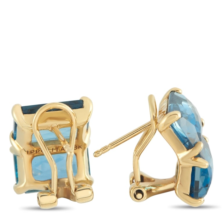 IPPOLITA 18K YELLOW GOLD TOPAZ EARRINGS IP36-05142: Vibrant blue Topaz gemstones make these Ippolita earrings impossible to ignore. Perfect for adding a stunning pop of color to any ensemble, each earring measures 0.60 long by 0.45 wide and includes a 