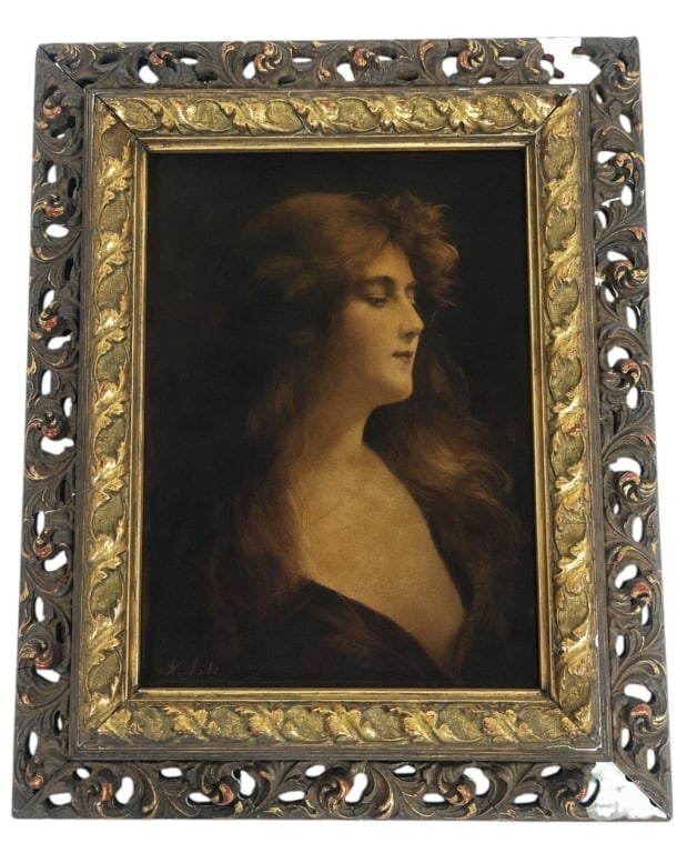 ANGELO ASTI 19TH C. FRAMED PORTRAIT WOMAN 14.5": Angelo Asti (Italian/French, 1847 - 1903) antique portrait painting depicting a young woman in soft, romantic tones with the artist?s signature elegant Belle ?poque style. A beautiful display piece fo
