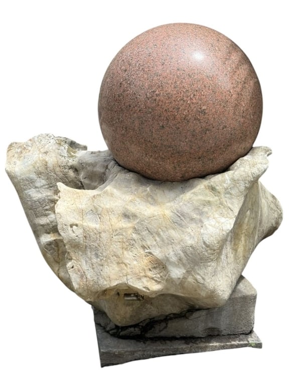 GRANITE SPHERE GARDEN SCULPTURAL FOUNTAIN 48": Substantial outdoor garden sculpture featuring a polished rose granite sphere resting atop an organically formed natural stone base. This striking landscape element combines the geometric elegance of 