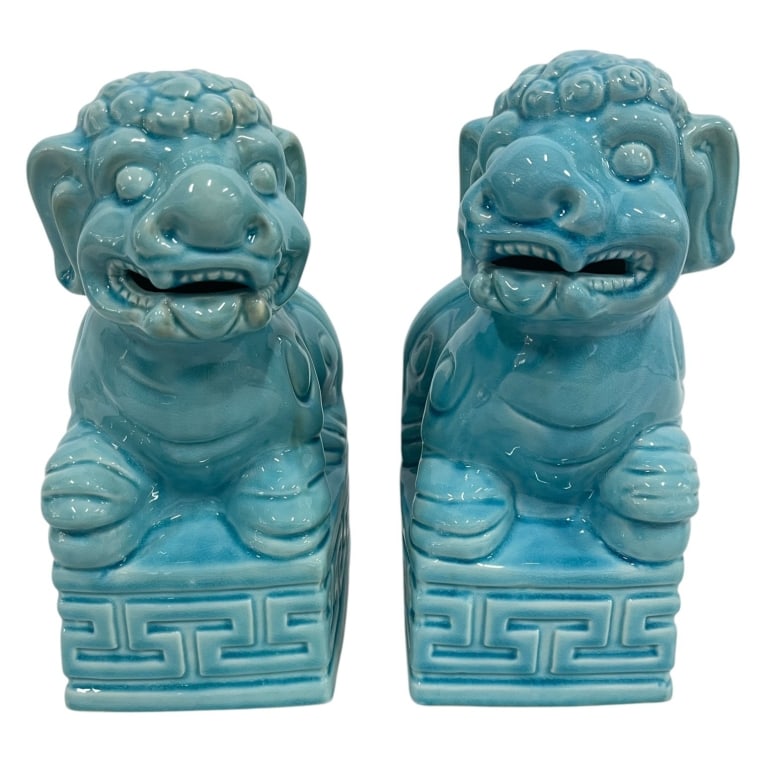 TURQUOISE GLAZED CERAMIC FOO DOG BOOKENDS 12" (1 of 8)