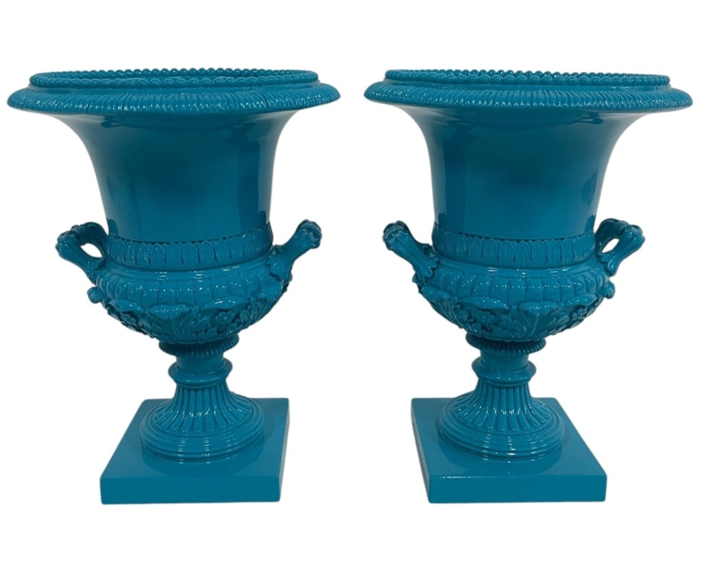 PAIR OF TURQUOISE COMPOSITE URN PLANTERS 9" (1 of 6)
