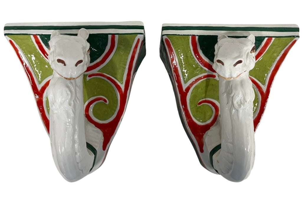 ITALIAN CERAMIC CAMEL WALL BRACKET SHELVES, PAIR (1 of 7)