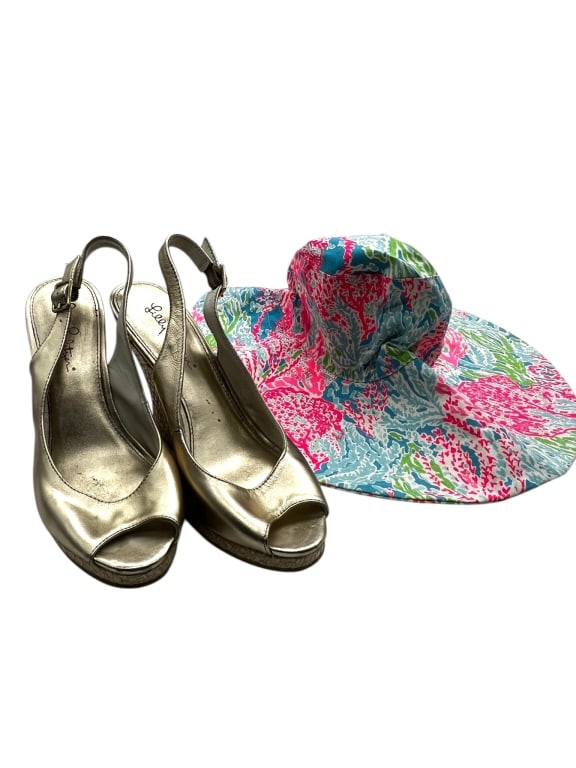 LILLY PULITZER PRINT SUN HAT & GOLD WEDGES SZ 8 (1 of 6)