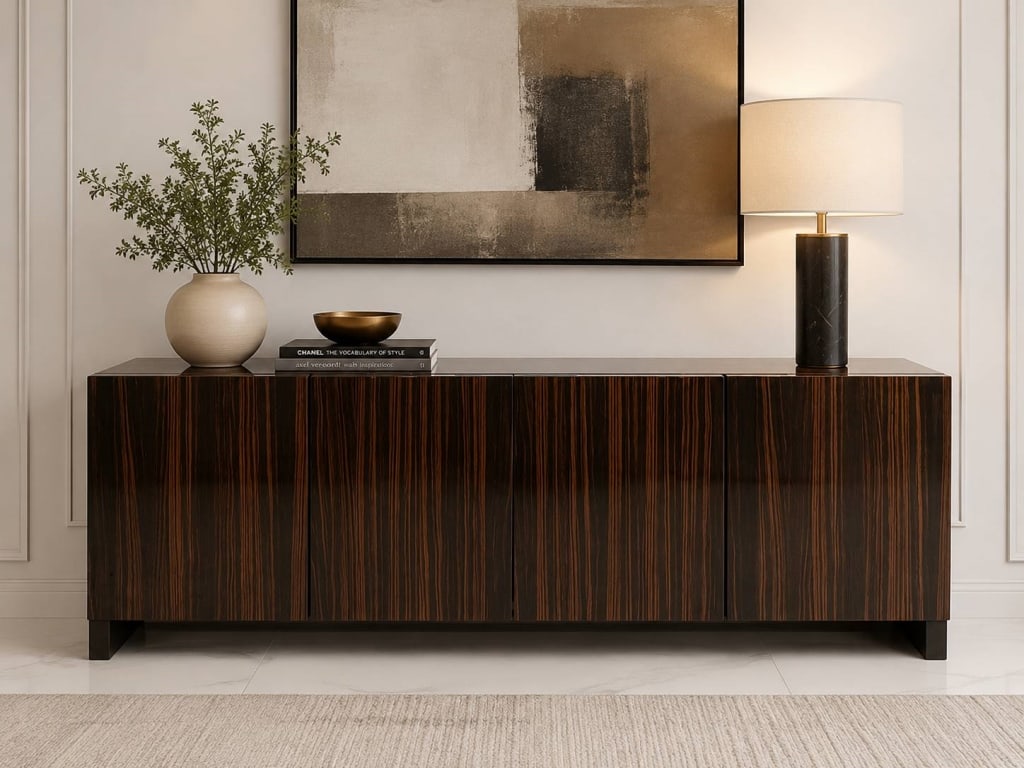 HIGH GLOSS MACASSAR EBONY CREDENZA 87": High gloss Macassar ebony credenza featuring four doors. The piece displays signature dark wood grain striping and modern lines. Measurements are approximately 87 inches wide, 22 inches deep, and 30 i