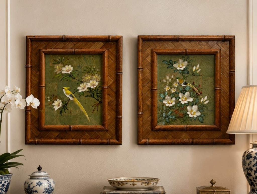 CHINOISERIE STYLE BIRD & FLOWER ART BAMBOO FRM 15" (1 of 9)