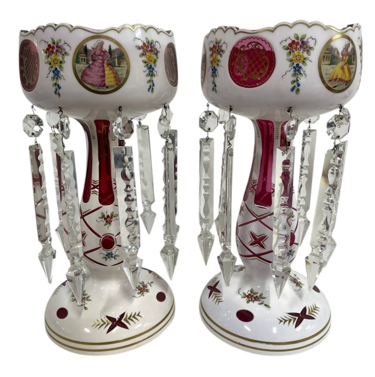 PAIR BOHEMIAN GLASS LUSTERS WITH PRISMS 14" (1 of 6)