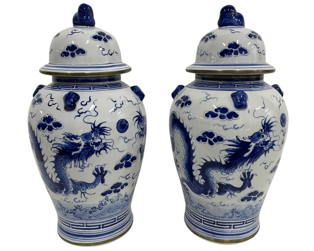 PAIR OF BLUE & WHITE DRAGON GINGER JARS 17.5" (1 of 7)