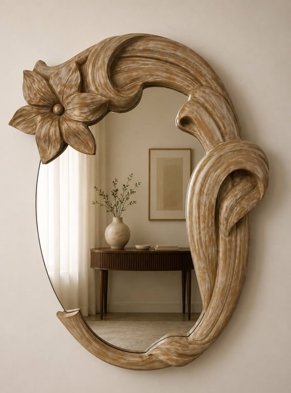 CARVED FLORAL WALL MIRROR W DISTRESSED FINISH 46" (1 of 6)
