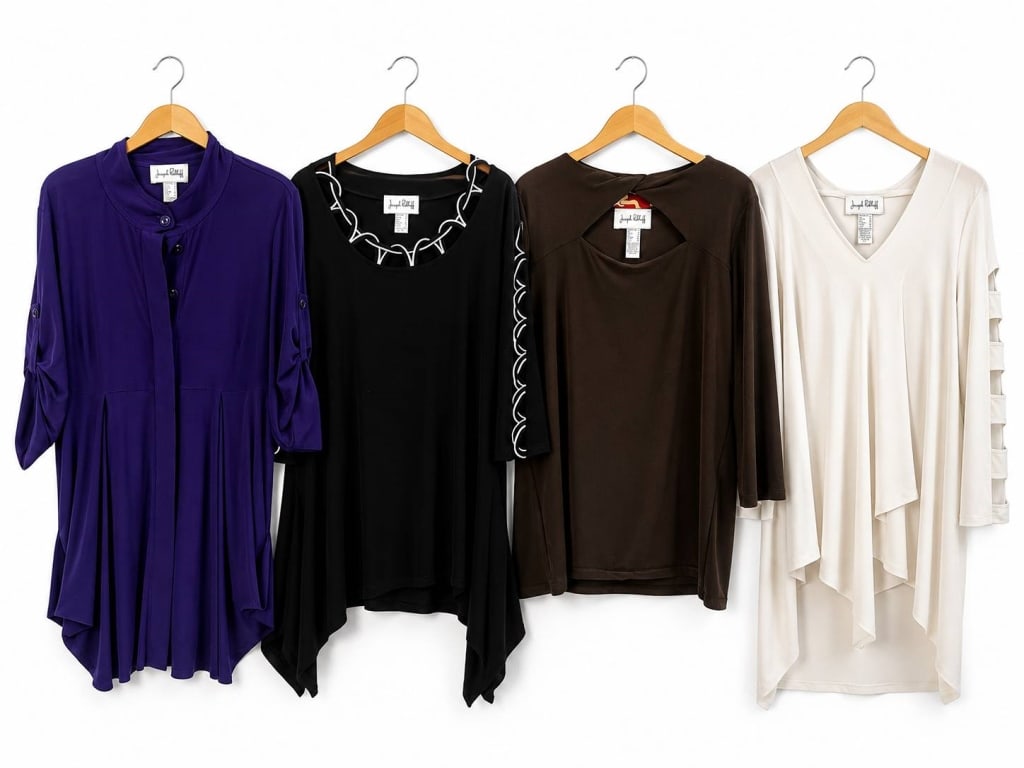 JOSEPH RIBKOFF WOMEN'S TOPS ASSORTMENT: Lot of Joseph Ribkoff women's tops in various colors and designs, all five pieces marked size 18 (Canada/USA). Features diverse sleeve and neckline styles. Materials and further details as labeled.