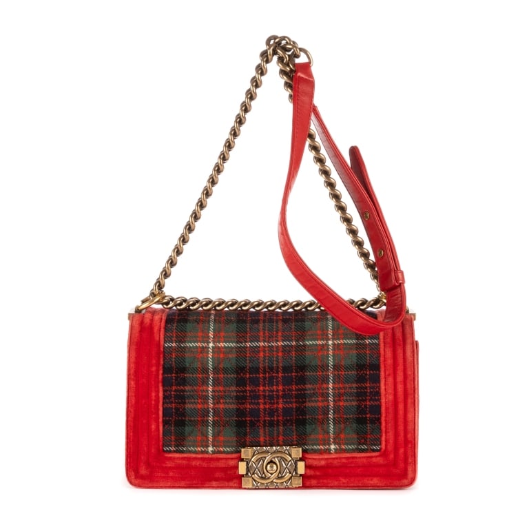 CHANEL PARIS EDINBURGH BOY MEDIUM TARTAN BAG: This limited-edition Chanel Paris-Edinburgh Boy Medium Bag is a highly sought-after runway piece inspired by the house's celebrated M?tiers d'Art collection. Crafted in luxurious red velvet canvas and