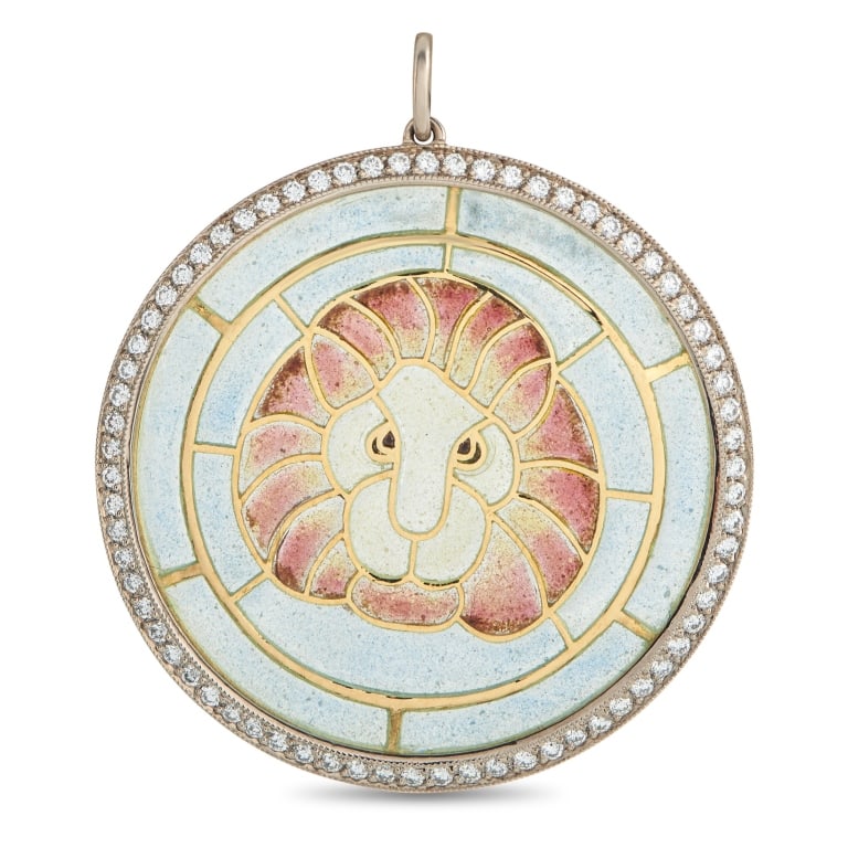 18K YELLOW GOLD DIAMOND PLIQUE--JOUR LION PENDANT: This luminous pendant exudes artistic elegance. Crafted using a traditional Plique--Jour technique that mimics the look of stained glass, a translucent Lion motif at the center of the circular setting