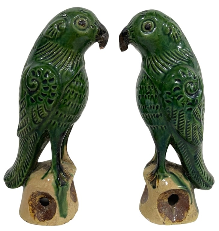 PAIR OF GREEN GLAZED CERAMIC PARROT FIGURINES 9.5" (1 of 10)