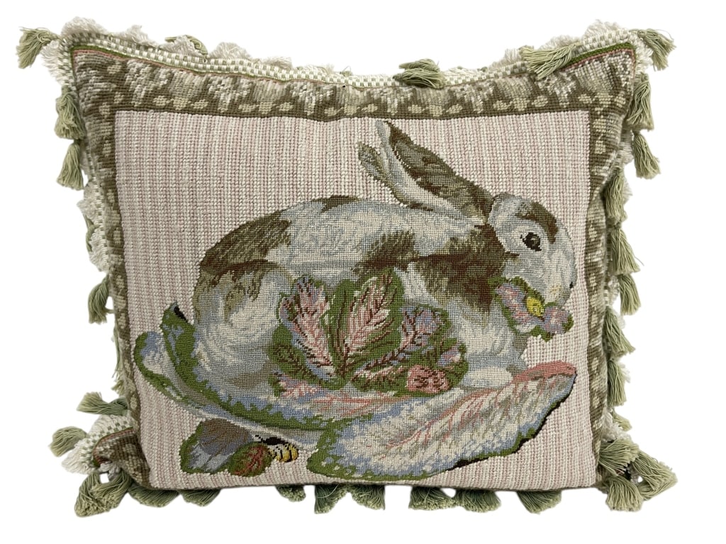 RABBIT TAPESTRY THROW PILLOW WITH TASSEL TRIM 18" (1 of 6)