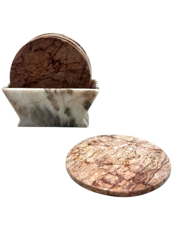 ELEGANT PINK MARBLE COASTER SET 6 WITH HOLDER 4" (1 of 9)
