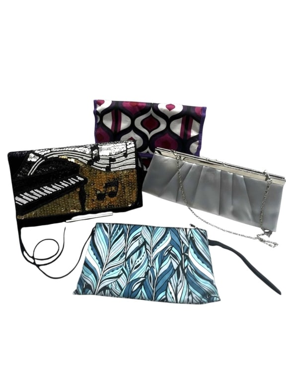4 WOMEN'S CLUTCH AND EVENING BAGS LOT 10": Four women's clutch and evening bags including a beaded bag with piano design, a silver pleated clutch with chain, a blue feather print wristlet, and a geometric Pucci style patterned clutch. Various 