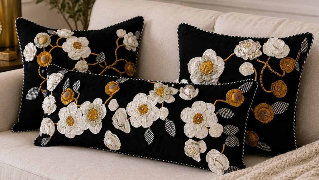 MACKENZIE-CHILDS GARDENIA 3-PC PILLOW SET: Decorative three-piece MacKenzie-Childs Gardenia pillow set featuring black fabric accented with dimensional handmade floral appliqu?. The pillows showcase layered gardenia blooms, embroidered details