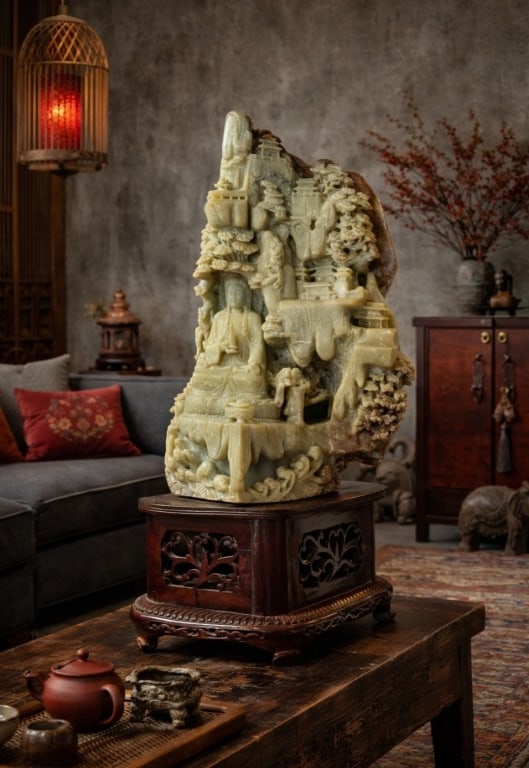 HAND-CARVED JADE MOUNTAIN SCENE BUDDHA ON WOOD 42" (1 of 20)