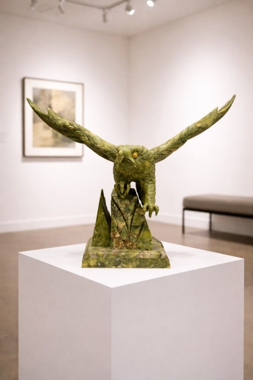 CARVED EAGLE SCULPTURE GREEN MARBLE ON BASE 20" (1 of 10)