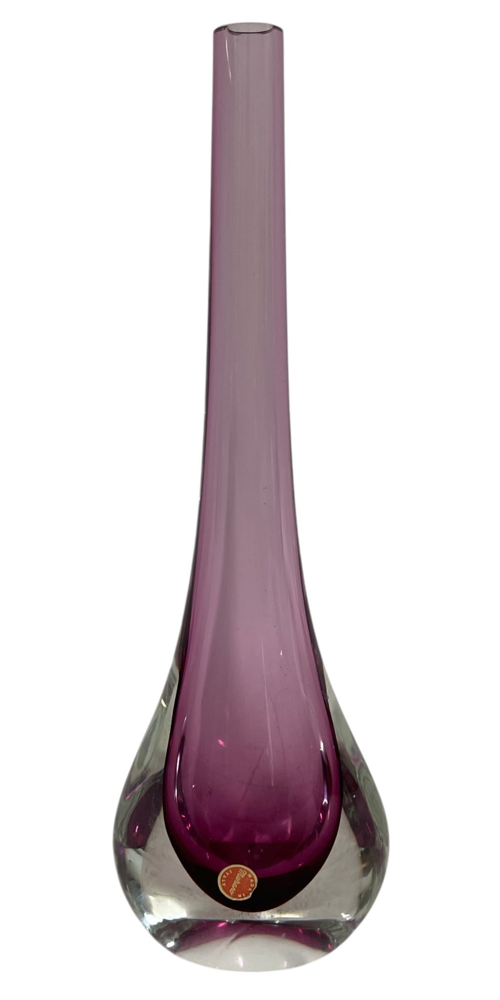MURANO SOMMERSO ART GLASS BUD VASE 14": Elegant and sculptural Murano art glass bud vase featuring a striking sommerso design with a rich amethyst-purple core encased in heavy clear crystal glass. The elongated teardrop form rises gracefull