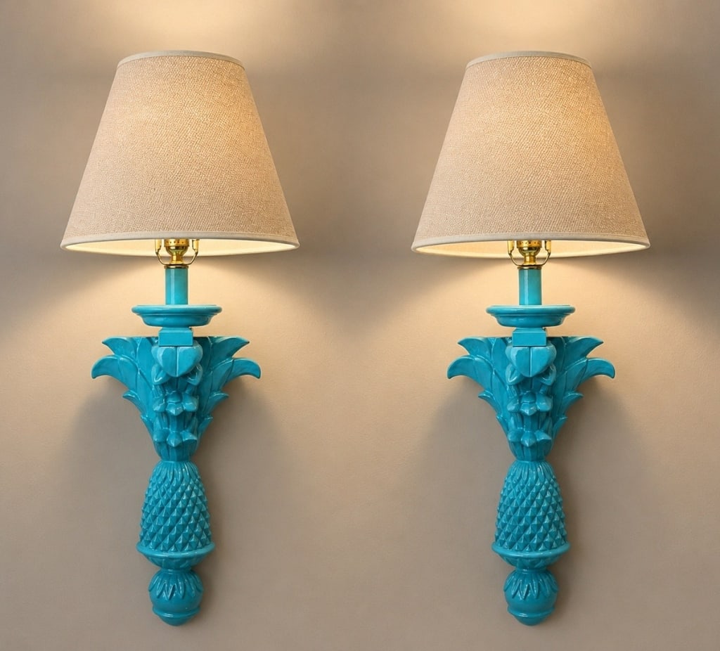 HOLLYWOOD REGENCY TURQUOISE PINEAPPLE SCONCES (1 of 7)