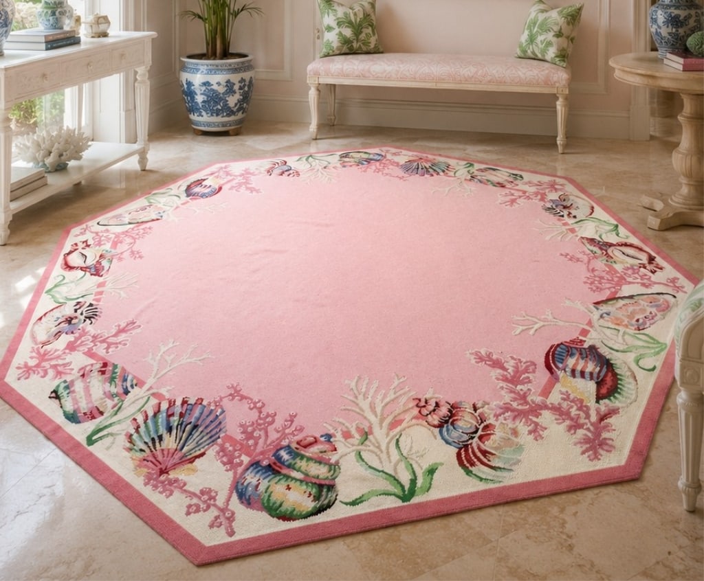 STARK CARPET PINK SEASHELL OCTAGON AREA RUG 128": Exceptional coastal style area rug by Stark Carpet features a distinctive octagonal form with a whimsical design showcasing colorful seashells, coral branches, and ocean-inspired motifs set against a 